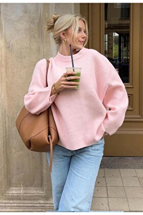 Pembe Bisiklet Yaka Oversize Triko Kazak