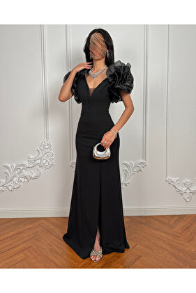 فستان طويل بأكمام منتفخة مع فتحة جانبية