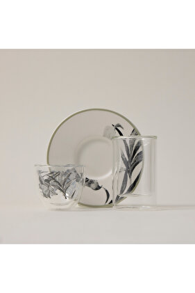 طقم فناجين شاي وقهوة من البورسلين الأبيض والزجاج - 18 قطعة