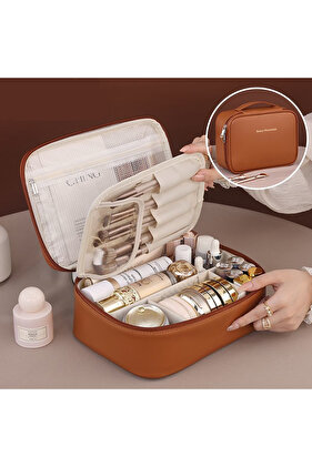 Coffee New PU leather makeup bag with large capacity, portable, and high-end outdoor feel, layered a