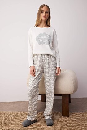 Gestrickter Pyjama-Anzug aus weißer Baumwolle mit Galaxiemuster-Slogan und Schlafband THMAW25PT00223