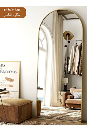 مرآة كبيرة مقاومة للكسر، 160 × 50 سم، تصميم أنيق، إطار معدني ذهبي وحامل خلفي