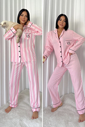 Women's Pocketed Striped and Stylish Piping Detailed Cotton Viscose Double Pink Bottom Top Double Set