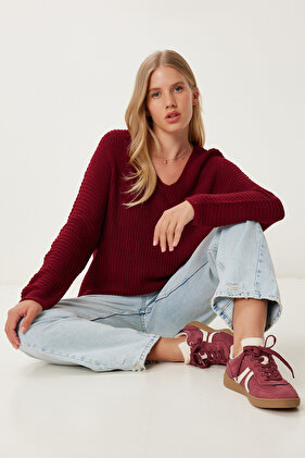 Women's Burgundy V-Neck Thessaloniki Knit Oversize Knitwear Sweatshirt ZA00059