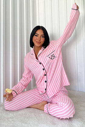 Women's Pocketed Striped and Stylish Piping Detailed Cotton Viscose Double Pink Bottom Top Double Set