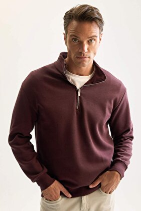 سويت شيرت رجالي من القطن ذو 3 خيوط باللون العنابي مع صوف من الداخل، مقاس عادي، ياقة واقفة، سحاب، سميك