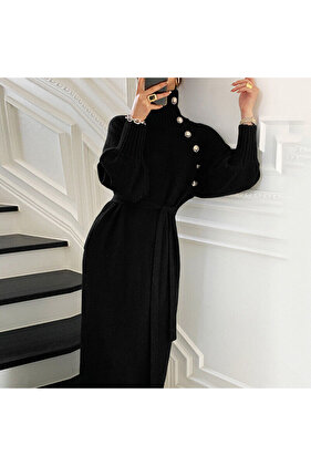 Button Detailed Raglan Sleeve Belted Knitwear Dress