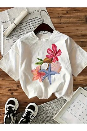 Oversize Crew Neck T-Shirt with Sea Star and Flower Print