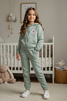 Mint Cotton Girls Patterned Hooded Cardigan-Pants Knitted Bottom-Top Set Tkdaw25Au00040