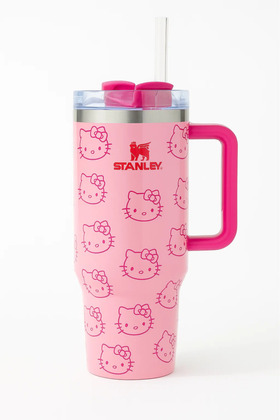 كوب هيلو كيتي وردي لامع مع شفاطة - كوب من الفولاذ المقاوم للصدأ سعة 40 أونصة مع مقبض