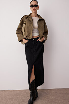 Tartósabb fekete hasított szegélyű maxi farmer szoknya TWOSS23ET00290