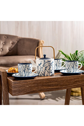 طقم فناجين شاي انجليزي من البورسلين الأبيض والأزرق، 12 قطعة