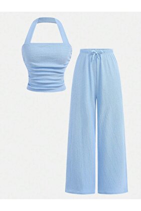 Set de pantaloni cu bretele late și pantaloni largi Baby Blue