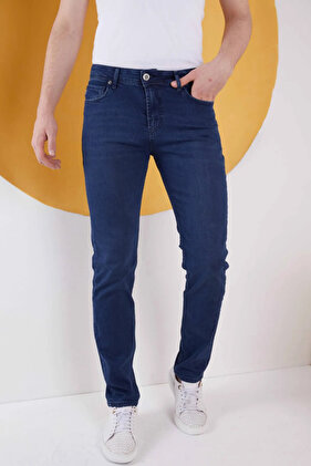 بنطال جينز رجالي من قماش الدنيم الليكرا ذو القصة المستقيمة الكلاسيكية باللون الأزرق الداكن