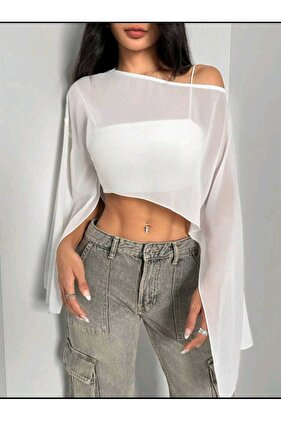 KADIN YARASA KOL GENİŞ KESİM OVERSIZE ŞIK BEYAZ TÜL BLUZ