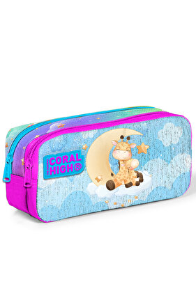 Kids Blue Pink Giraffe Patterned Two-Compartment Pencil Bag 12052