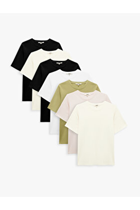 مجموعة من 7 قمصان قطنية أساسية بأكمام قصيرة ورقبة دائرية