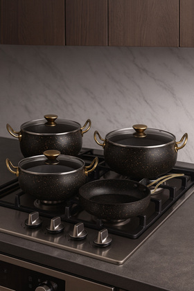 7 Piece Granada Granite Pot and Pan Set – 20 cm 2.5L, 24 cm 4.5L, 26 cm Oblate 3L, 26 cm Pan