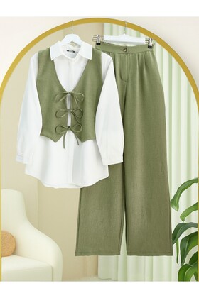 Tie Front Vest Trousers Double Set -Khaki