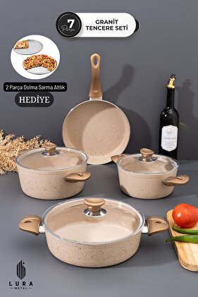 طقم أواني طهي من الجرانيت الكريمي بمقبض من البكليت من إي دبليو إكس مكون من 7 قطع - 26 سم (هدية قاعدة ملفوفة)