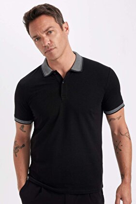 تي شيرت قطني بقصة ضيقة ورقبة بولو غير قابلة للتجعيد وأكمام D0033axns