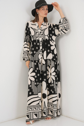 Women's Patterned Long Hijab Dress 2585 - D. Black