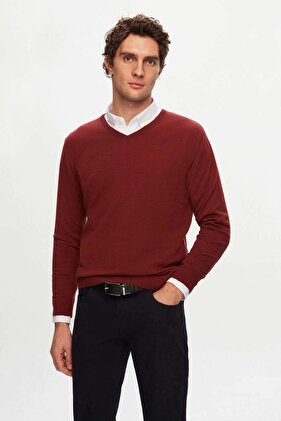 Ds Damat Regular Fit Ceglasty sweter z prostym dekoltem w serek