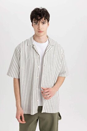 Relaxed Cut Apache Collar Striped Shirt - Short Sleeve, Combed Cotton B7387Ax24Sm