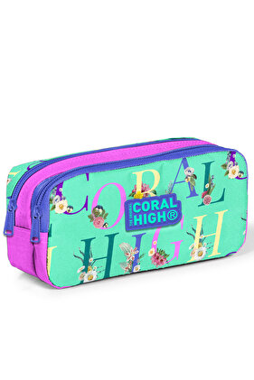 Kids Water Green Light Pink Monogram Patterned Two-Compartment Pencil Bag 22156
