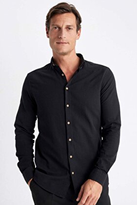 Modern Fit Buttoned Polo Neck Linen Look 100% Cotton Long Sleeve Shirt T6284Azns