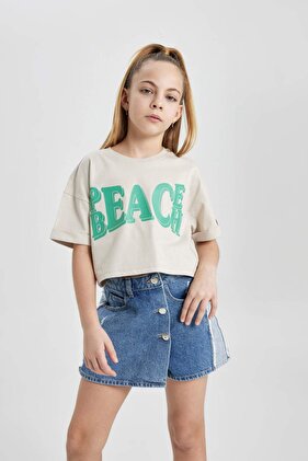 Girls' Crew Neck Printed Short Sleeve T-Shirt B5130A824Sm