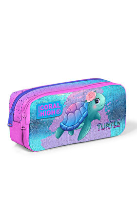 Kids Light Pink Blue Turtle Patterned Two-Compartment Pencil Bag 12061