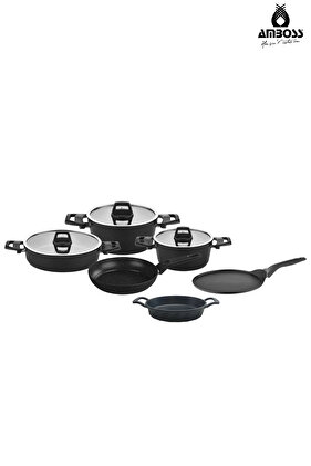 ASTEN - مقلاة أوريون سوداء 7 قطع + كريب 26 سم + مقلاة كوارتز 18 سم
