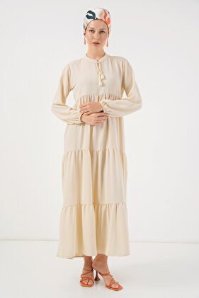 1627 Collar Lace-up Hijab Dress - Cream