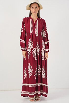 Women's Patterned Long Hijab Dress 2585 - A.Burgundy