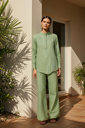 Green Half Hidden Placket Shoulder Detailed Tunic-Pants Woven Suit TCTSS22US0098