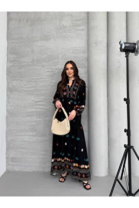 Hijab New Season Patterned Black Color Viscose Dress