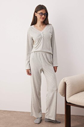 Grey Melange Cotton Lace Detailed Knit Pajama Set - THMAW26PT00051