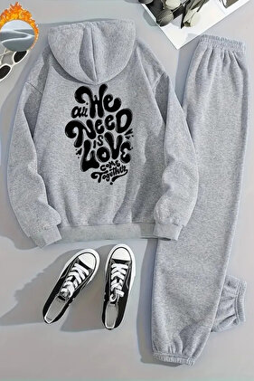 Унісекс WE NEED Світло-сірий спортивний костюм з капюшоном і принтом - Зимовий шардоновий матеріал