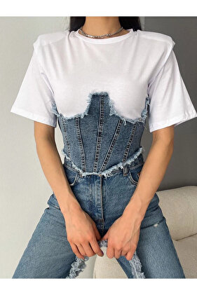 Women's Special Design Jean Corset Detailed Padded White T-shirt