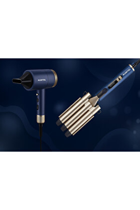 Set Profesional KUMTEL, Ondulator par ,Bucle, 3 elemante ceramice, 105W + Uscator de par, 1800W