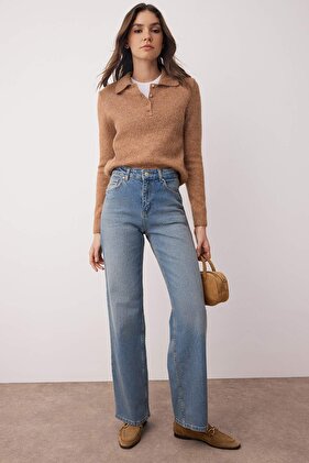 Niebieskie jeansy z wysokim stanem Comfort/Elastyczne szerokie nogawki Palazzo Jeans TWOAW26JE00084