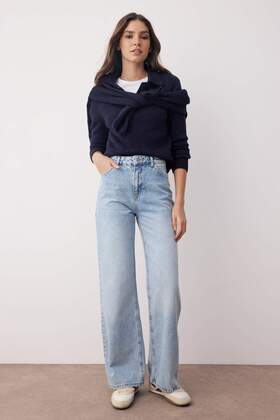 High Waist Wide Leg 100% Cotton Non-Stretch Jeans - Light Blue - TWOAW26JE00074