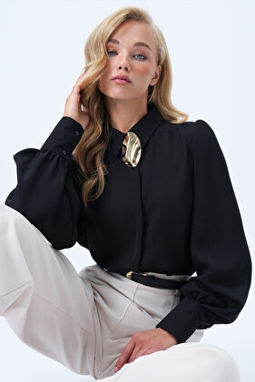 Жіноча чорна блуза з прихованими рукавами, брошкою та креповою тканиною Alc-X14338