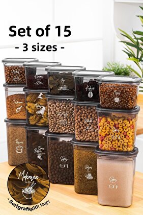 Set of 15 Peggy Rectangular Storage Containers with White Screen Printing Label 5x(1500-1150-800 Ml) Anthracite