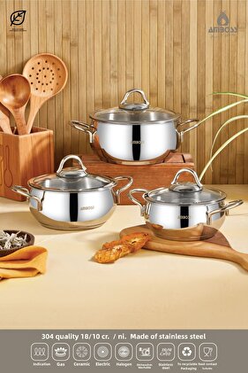 Stone 6 Piece Stainless Steel Deep Cookware Set with Glass Lid Suitable for All Stoves