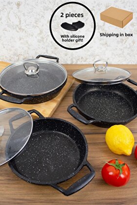 6 Piece Black Glass Lid Granite Cookware Set 18-20-22 cm