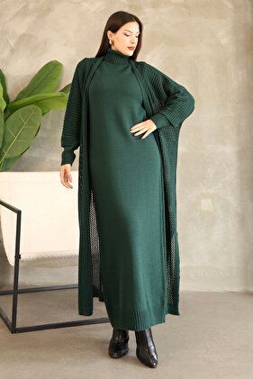 Turtleneck Long Sleeve Ankle Length Solid Color Dress Hollowed Out Openwork Bat Sleeve Cardigan Knitwear Two-Piece Suit