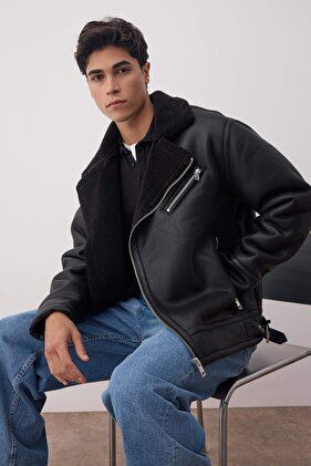 Čierny pánsky zimný kabát Regular Fit z 100% PU kože s vnútorným fleecom TMNAW26MO00005