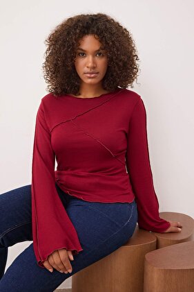 Spanische Bluse mit gerippten Details und Ärmeln aus burgunderrotem Viskose-/weichem Stoff in Übergröße TBBAW26AF00017